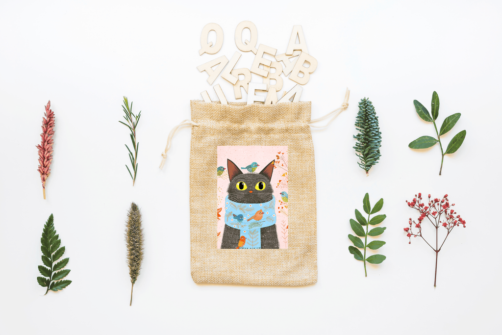 Cat with Scarf Canvas Drawstring Bag