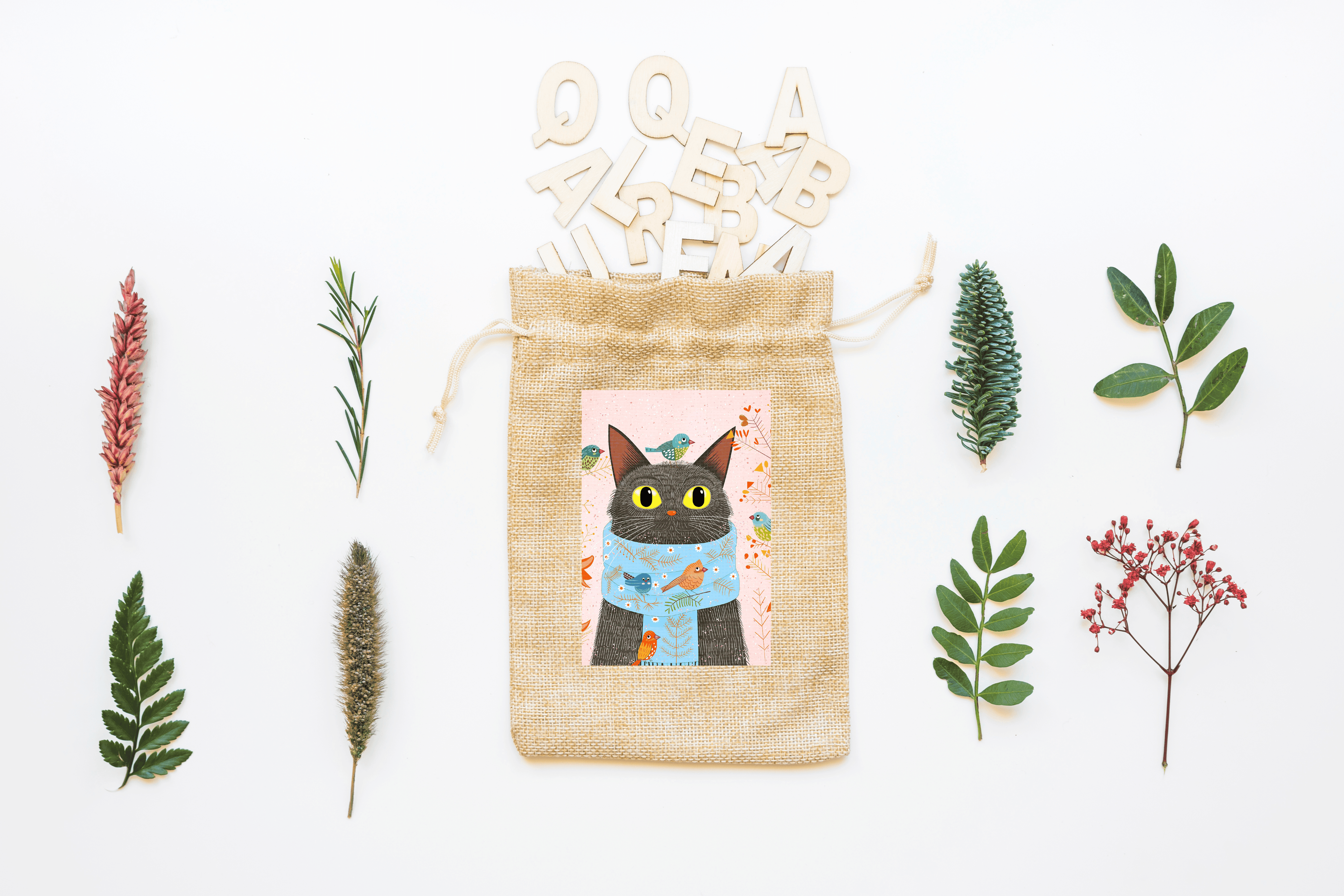 Cat with Scarf Canvas Drawstring Bag